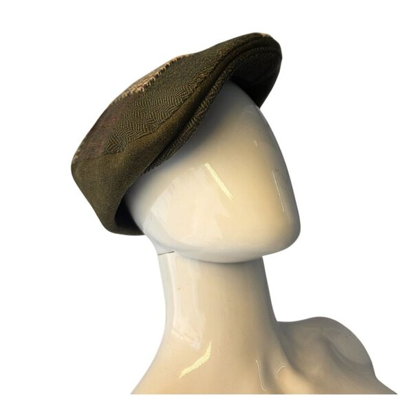 Heritage Traditions Retro Paperboy Cap Wool Patchwork Olive Brown Stretch Band O - Picture 2 of 10